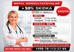 BEPUL konsultatsiyalar + ZIYO MEDLINE CLINIC da shifokorlar va analizlarga 50% skidka